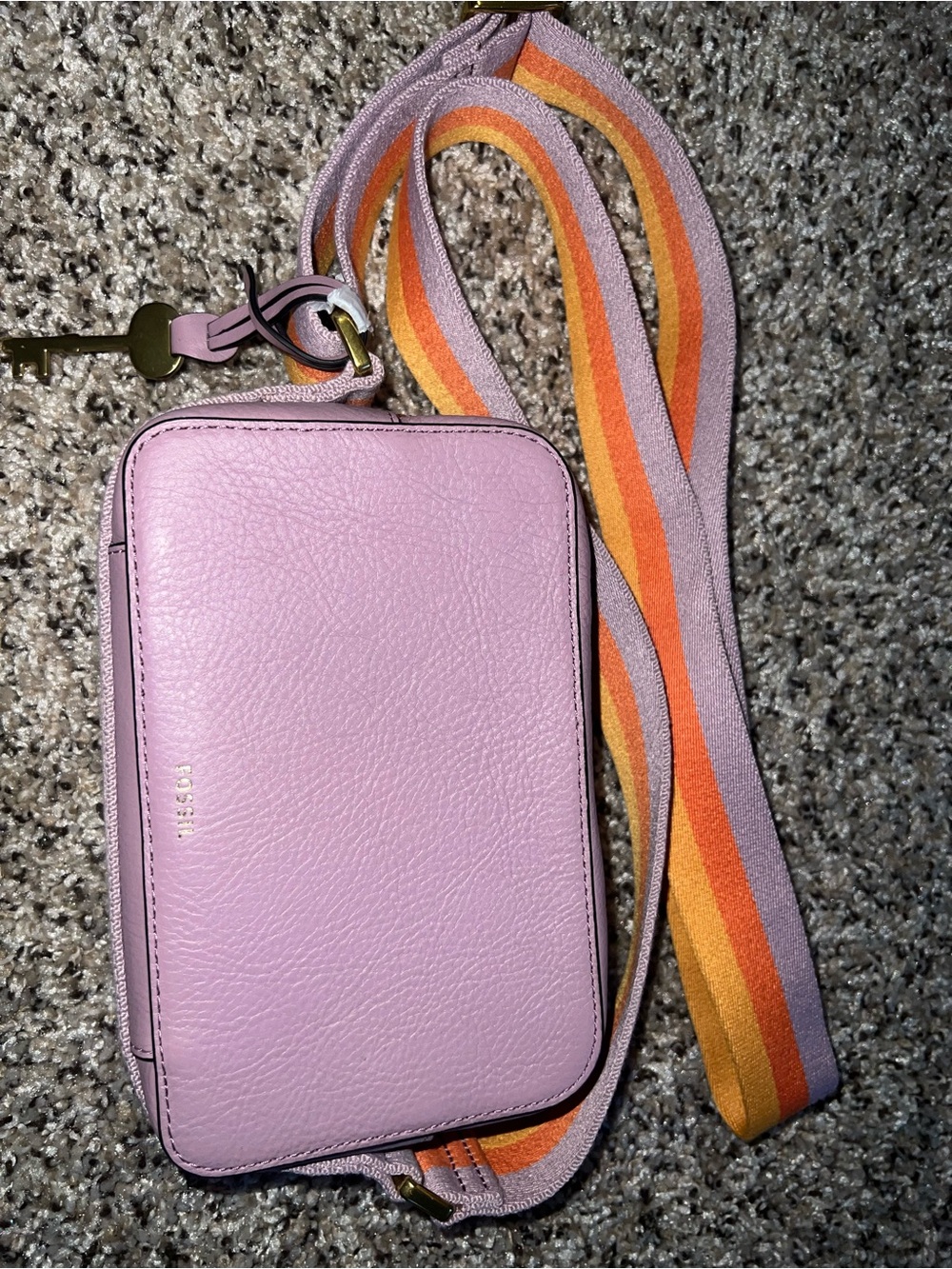 FOSSIL Purple Leather Crossbody Bag with Striped Strap